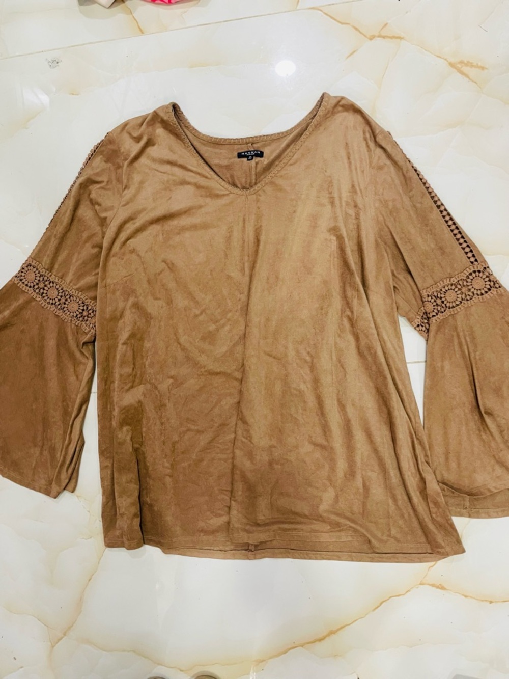 HANNAH Camel/Tan V-Neck Bell Sleeve Tunic with Crochet Trim Faux Suede Size 3X